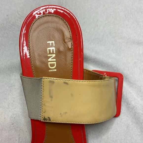 Fendi Red and Tan Patent Leather Strappy wedged sandals size 40 1/2 - Picture 2 of 6
